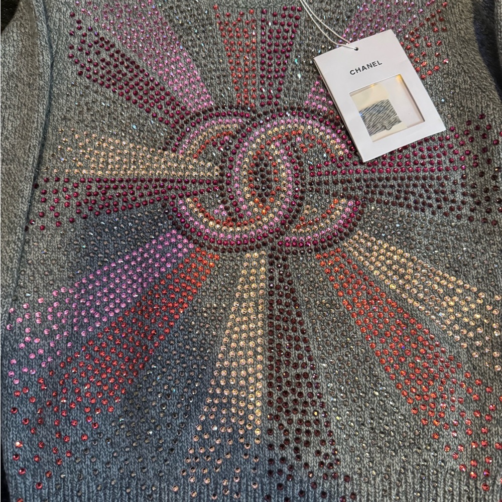 CHANEL Multicolor Rhinestone Embellished Gray Sweater